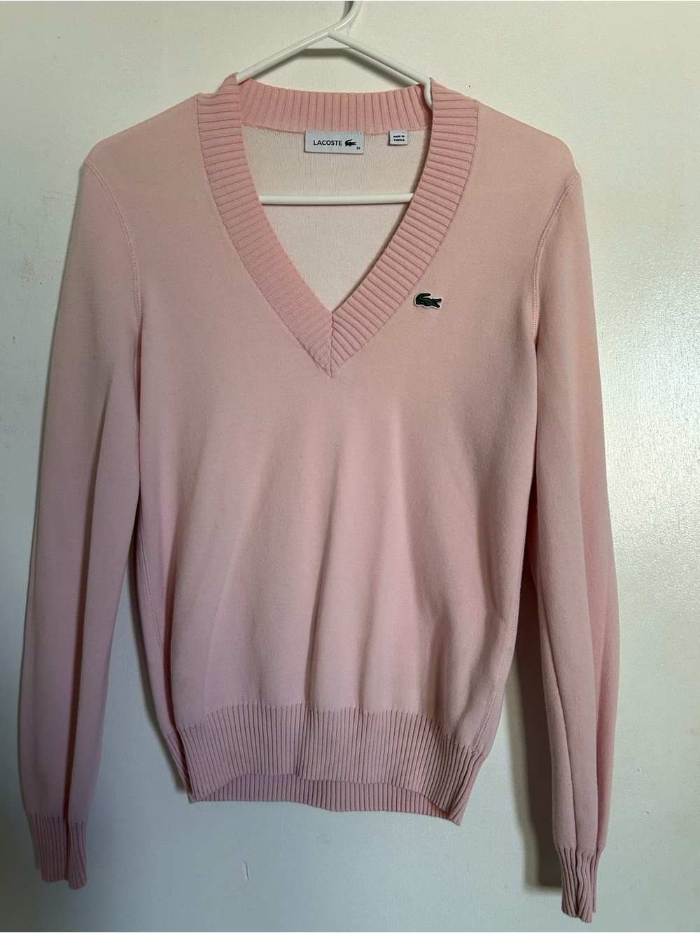 Lacoste Women's Pastel Pink V-Neck Knit Sweater